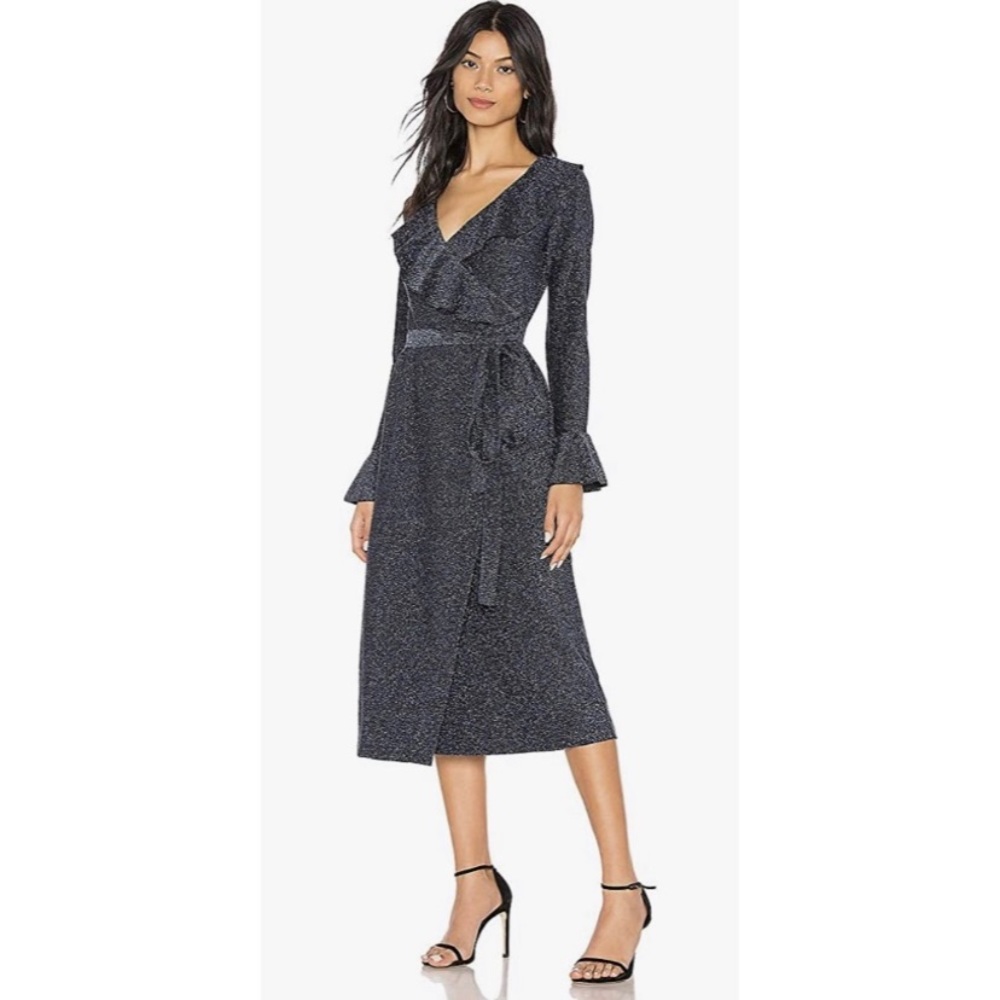 Free People One More Time Blue Black Shimmer Ruffle Midi Wrap Dress